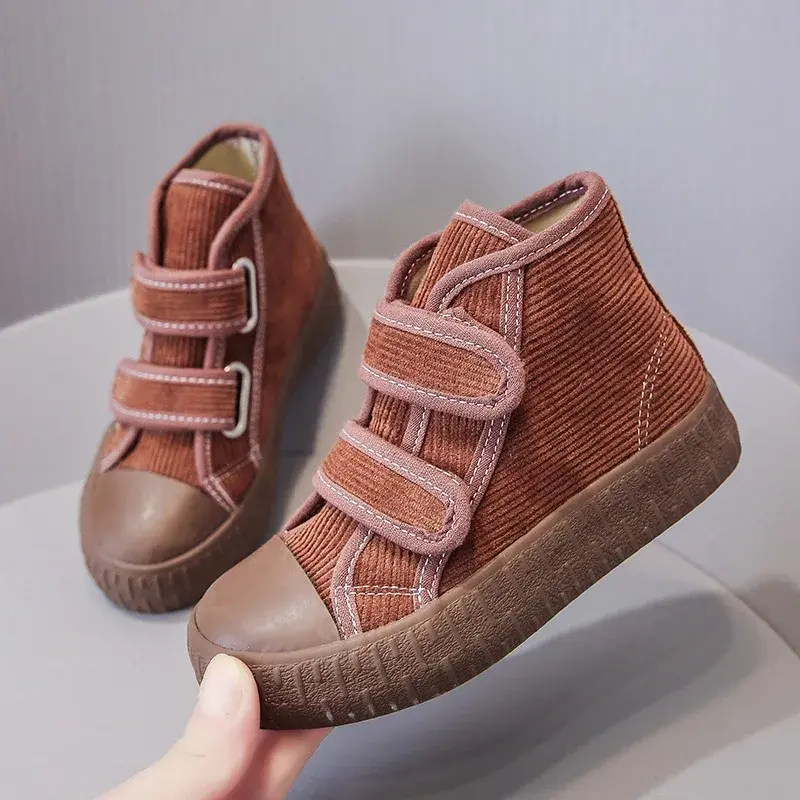 2024 Fashion Hook&Loop Soft Corduroy Kids Sneakers School Casual All-match Children Girl Shoes High Top Autumn Boys Boots E08051