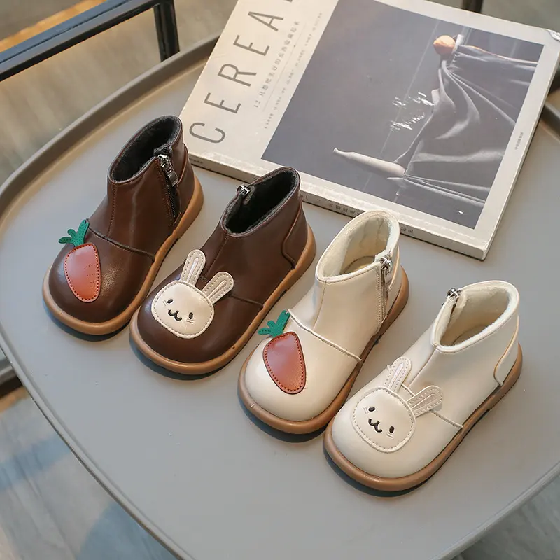 Cute Rabbit Pattern Children Boots for Winter Warm Girls Pretty Silhouette Radish Kids Shoes Plush Lined Student Footwear H08065