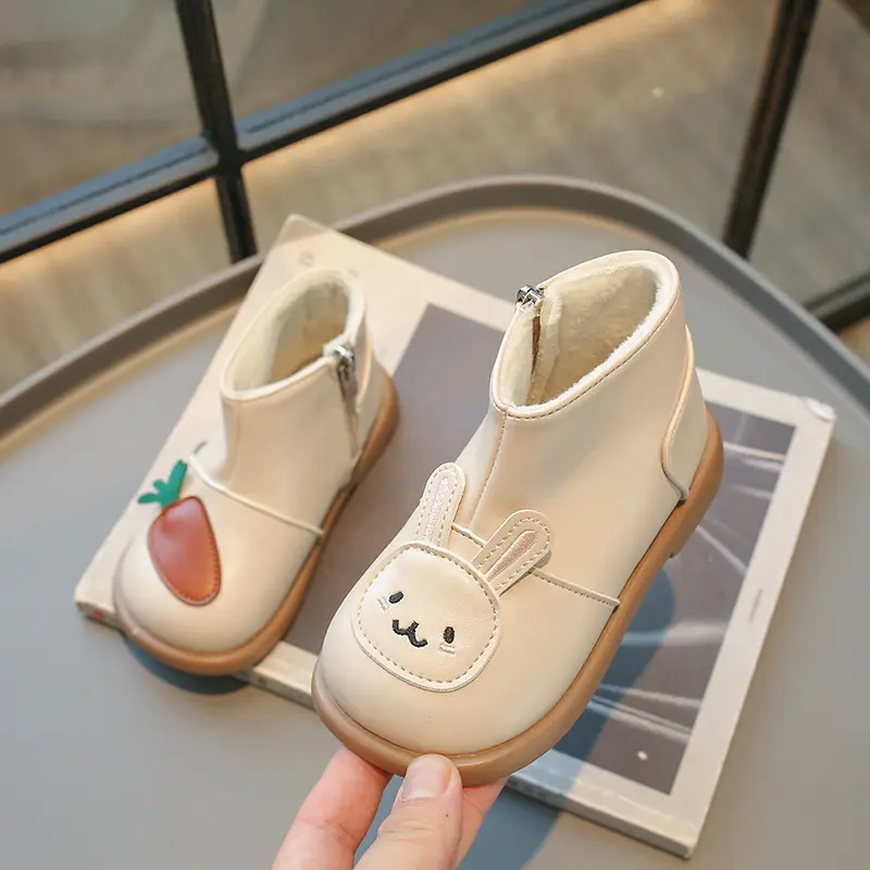 Cute Rabbit Pattern Children Boots for Winter Warm Girls Pretty Silhouette Radish Kids Shoes Plush Lined Student Footwear H08065