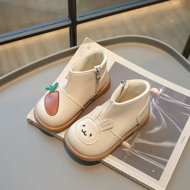Cute Rabbit Pattern Children Boots for Winter Warm Girls Pretty Silhouette Radish Kids Shoes Plush Lined Student Footwear H08065