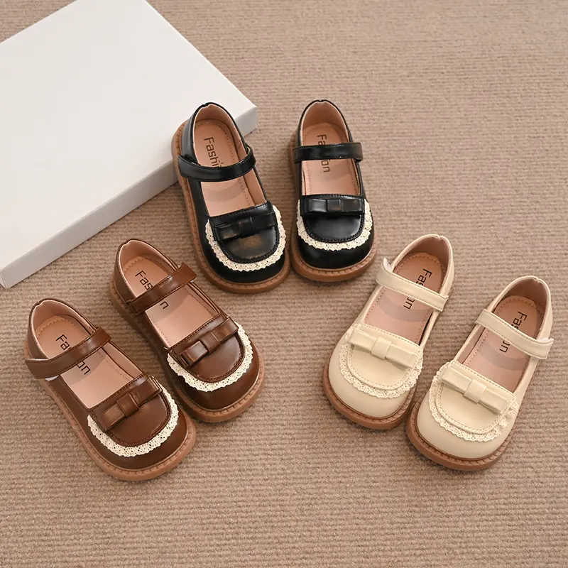 Children's Little PU Leather Shoes 2025 Spring Girl Soft Anti Slip Princess Mary Janes Lace Bordered Fashion Baby Flats I01131