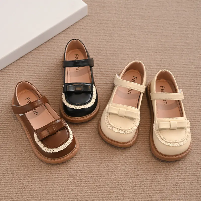 Children's Little PU Leather Shoes 2025 Spring Girl Soft Anti Slip Princess Mary Janes Lace Bordered Fashion Baby Flats I01131