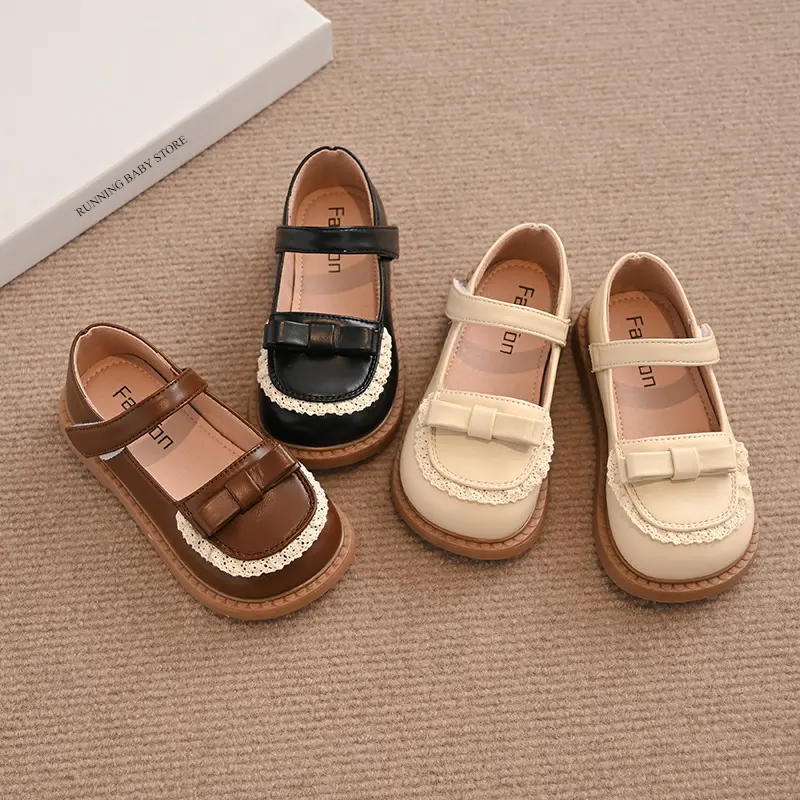 Children's Little PU Leather Shoes 2025 Spring Girl Soft Anti Slip Princess Mary Janes Lace Bordered Fashion Baby Flats I01131