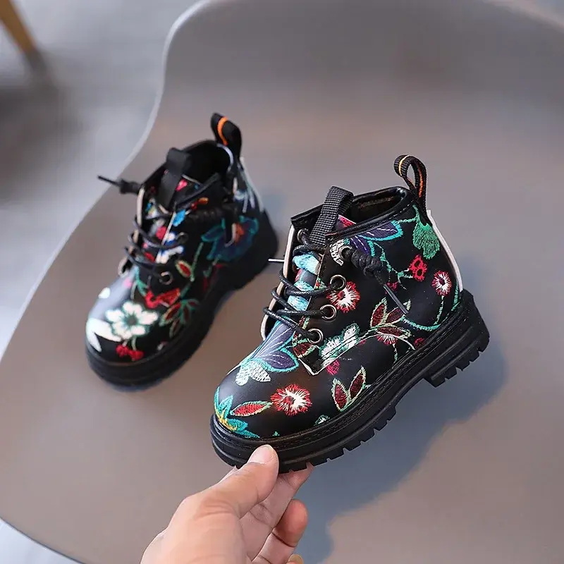 Retro National Floral Printing Ankle Boots for Kids Girls Cozy Spring Autumn Cotton Boots Shoes Girl Fancy Shoes Child H08121