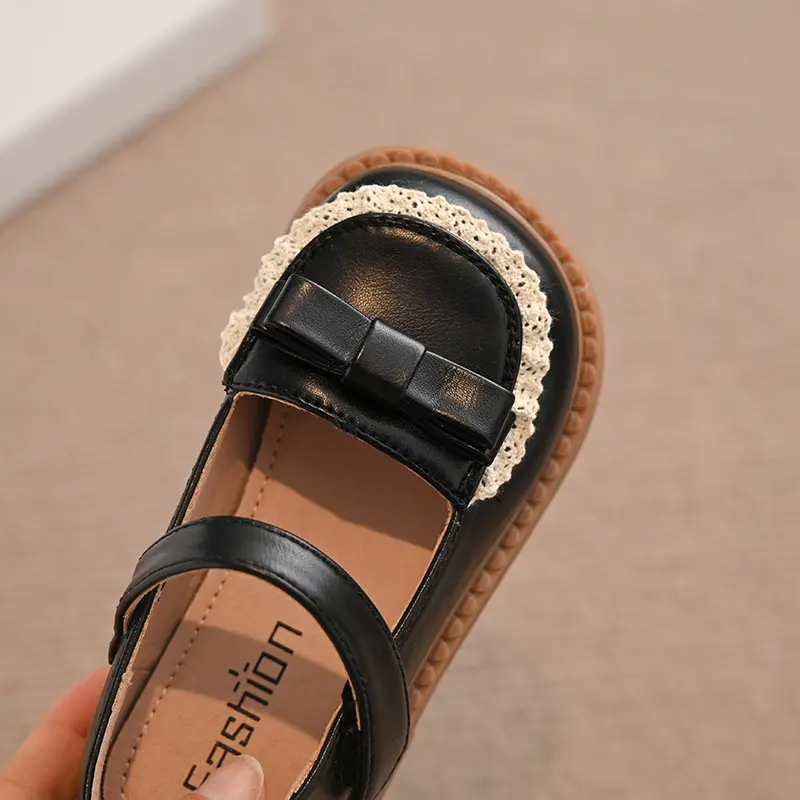 Children's Little PU Leather Shoes 2025 Spring Girl Soft Anti Slip Princess Mary Janes Lace Bordered Fashion Baby Flats I01131