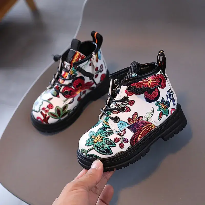 Retro National Floral Printing Ankle Boots for Kids Girls Cozy Spring Autumn Cotton Boots Shoes Girl Fancy Shoes Child H08121