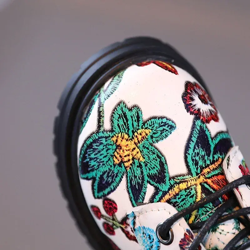 Retro National Floral Printing Ankle Boots for Kids Girls Cozy Spring Autumn Cotton Boots Shoes Girl Fancy Shoes Child H08121
