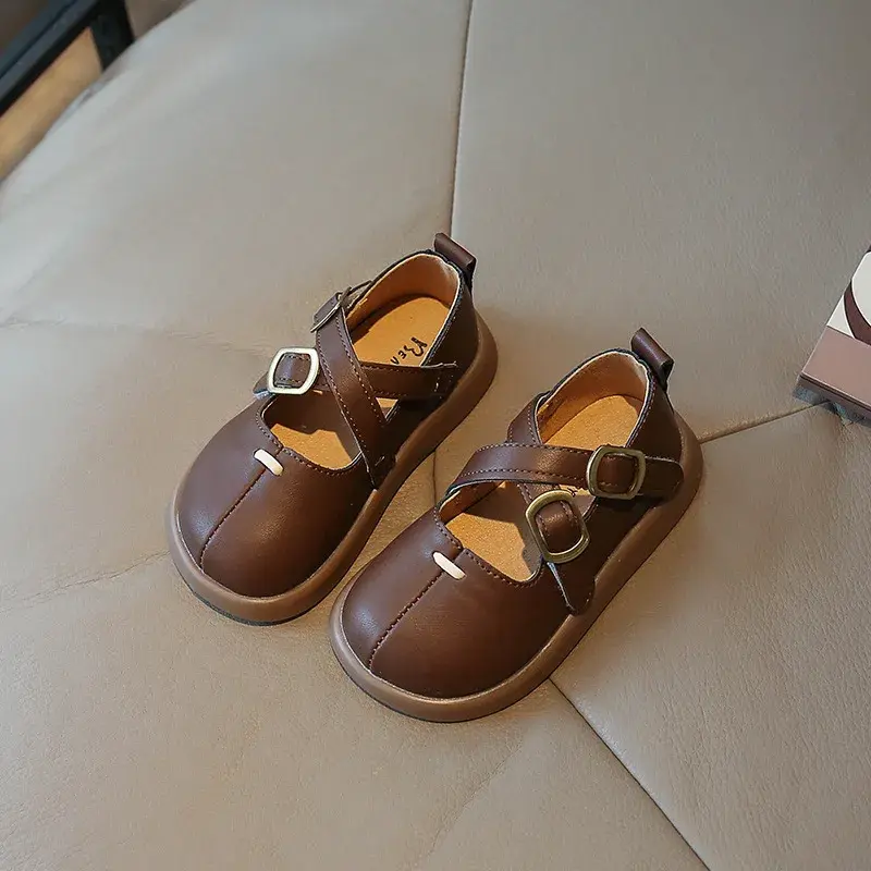 Baby Girls Leather Shoes Princess Leisure Fashion Children's Flats Soft Cross-tied Strape Kids Dress Shoes Spring Summer G08281