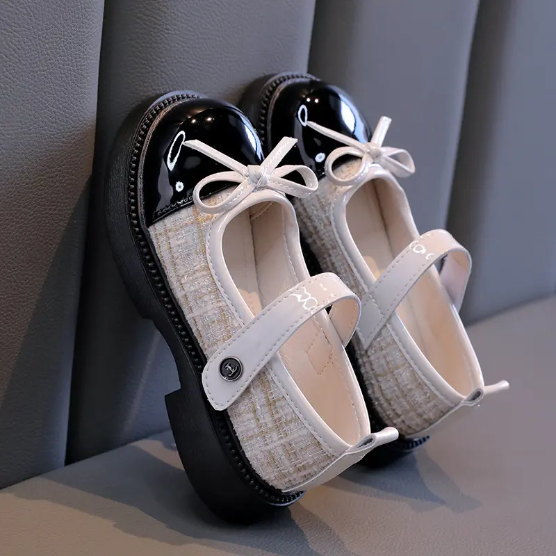 Girls Patchwork Black Leather Shoes Autumn Butterfly-knot Lolita Children Mary Janes Elegant Round Toe Comfort Kids Shoes H07164