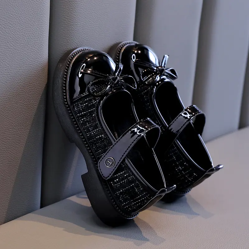 Girls Patchwork Black Leather Shoes Autumn Butterfly-knot Lolita Children Mary Janes Elegant Round Toe Comfort Kids Shoes H07164