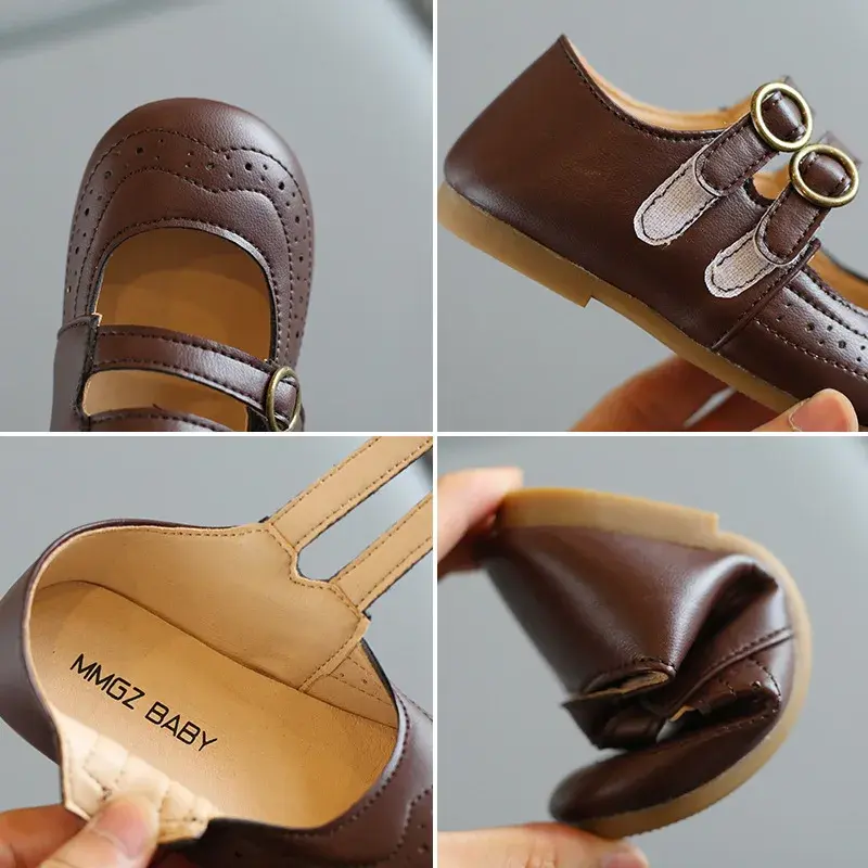 Spring Summer Cute Princess Leather Shoes Fashion T-tied Mary Janes Girls School Shoes Round Buckle Kids Shoes for Girl E06071