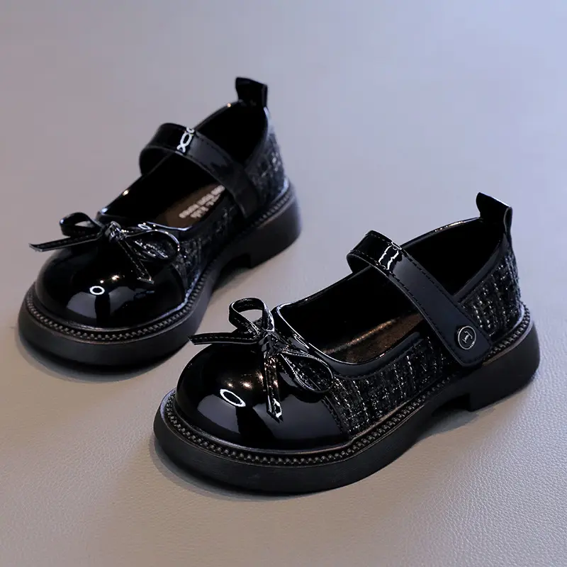 Girls Patchwork Black Leather Shoes Autumn Butterfly-knot Lolita Children Mary Janes Elegant Round Toe Comfort Kids Shoes H07164