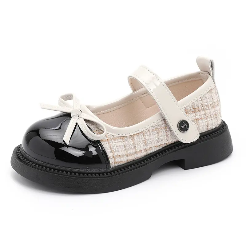 Girls Patchwork Black Leather Shoes Autumn Butterfly-knot Lolita Children Mary Janes Elegant Round Toe Comfort Kids Shoes H07164