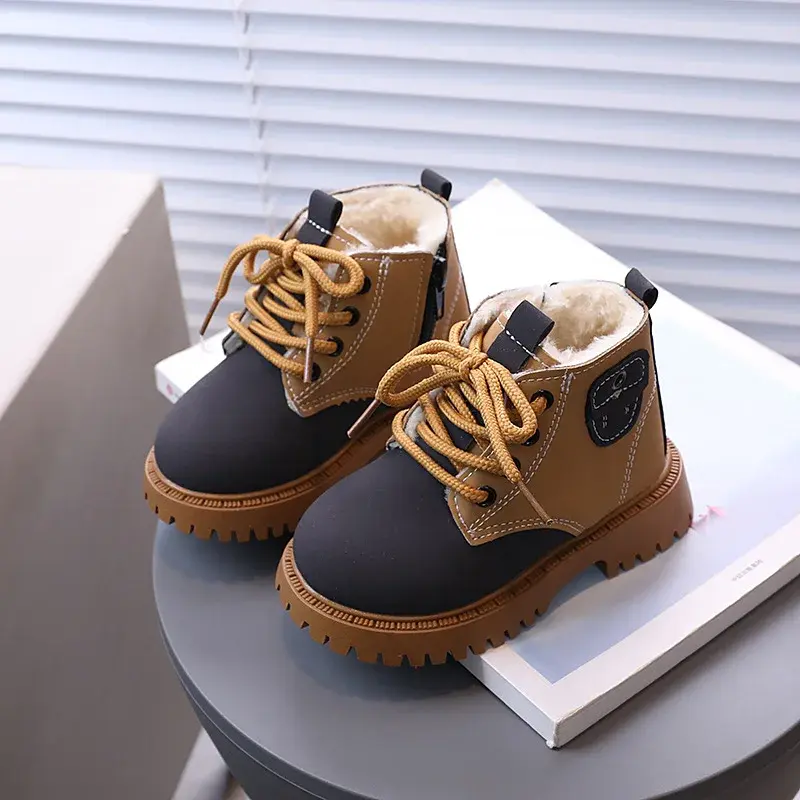 Children Fashion Boots Winter Thickened Boys Girls Anti Slip Warm Leather Boots Side Zipper Solid Color Kids Casual Shoes I01291