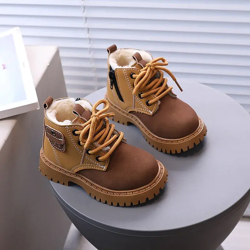Children Fashion Boots Winter Thickened Boys Girls Anti Slip Warm Leather Boots Side Zipper Solid Color Kids Casual Shoes I01291