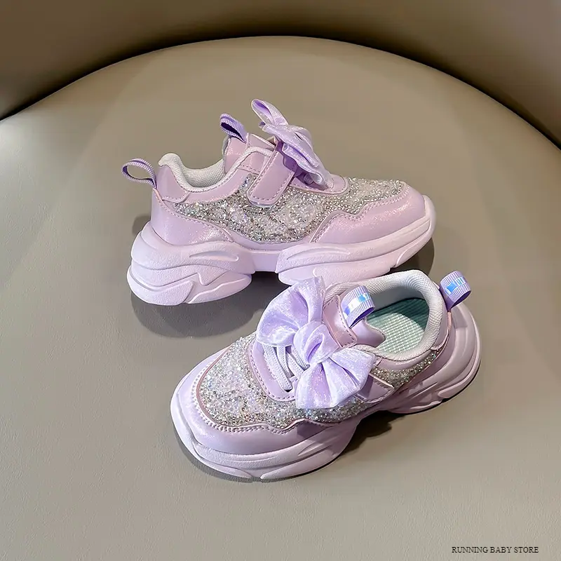Children Shoes Girls Sneaker City-friendly Stomping Shoes School Trainers Butterfly-knot New Rhinestone tenis Sport Shoes I02214