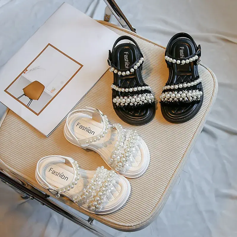 Chic Girls Pearl Flat Sandals 2023 Summer Baby Princess Girls Children Beige Dance Performance Shoes Girl Platform Sandal G05223
