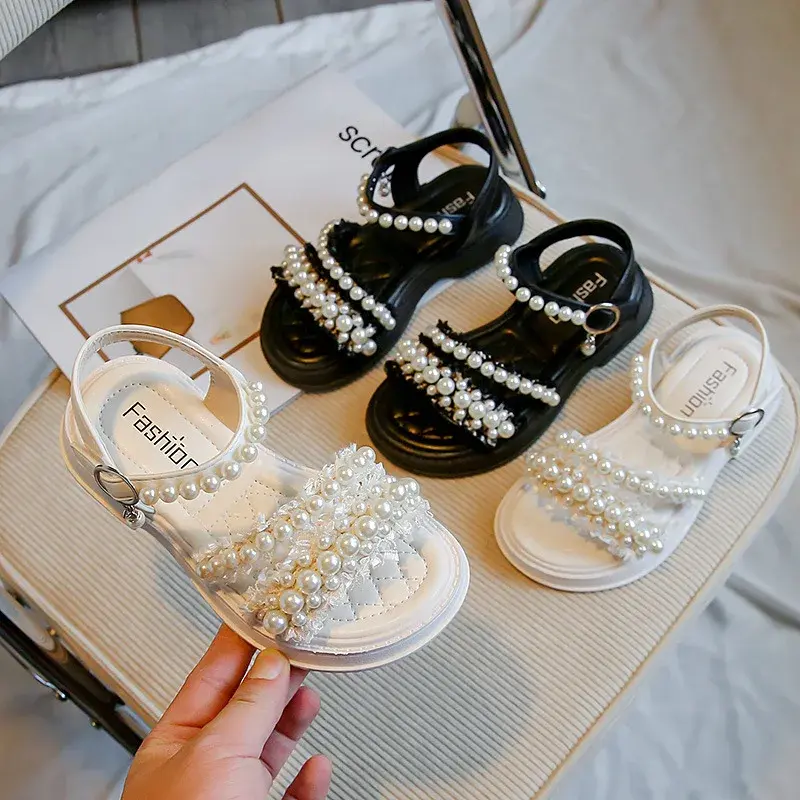 Chic Girls Pearl Flat Sandals 2023 Summer Baby Princess Girls Children Beige Dance Performance Shoes Girl Platform Sandal G05223