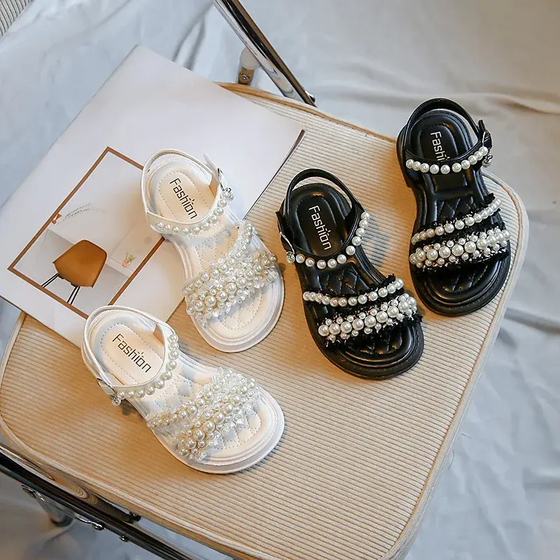 Chic Girls Pearl Flat Sandals 2023 Summer Baby Princess Girls Children Beige Dance Performance Shoes Girl Platform Sandal G05223