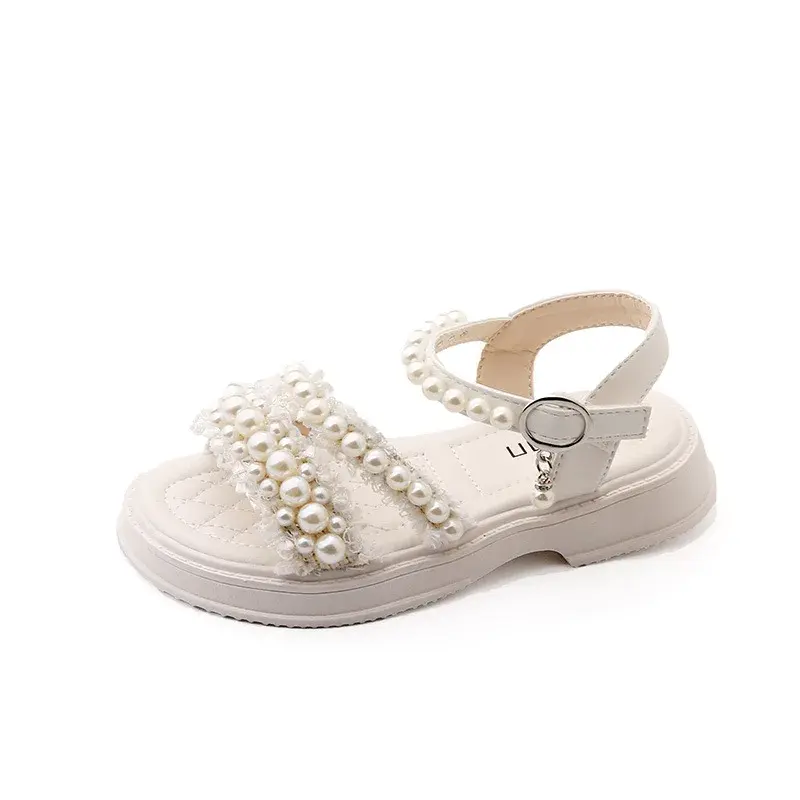 Chic Girls Pearl Flat Sandals 2023 Summer Baby Princess Girls Children Beige Dance Performance Shoes Girl Platform Sandal G05223