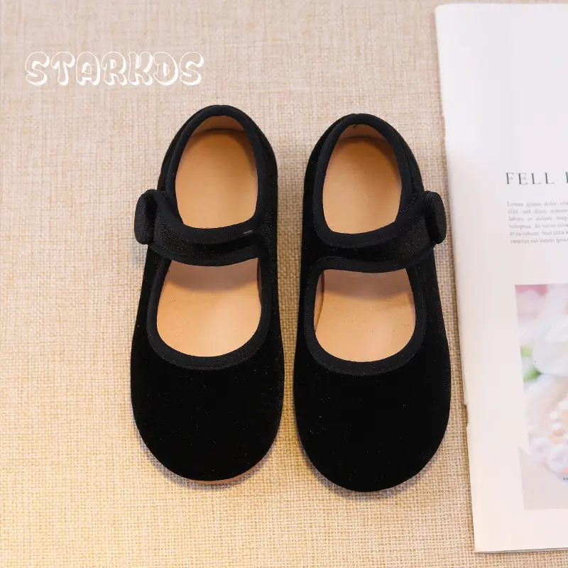 Cute Peach Pink Velvet Shoes Girls Vintage Green Velour Ballet Flats Baby Kids Spring New Soft Sole Luxury Mary Janes