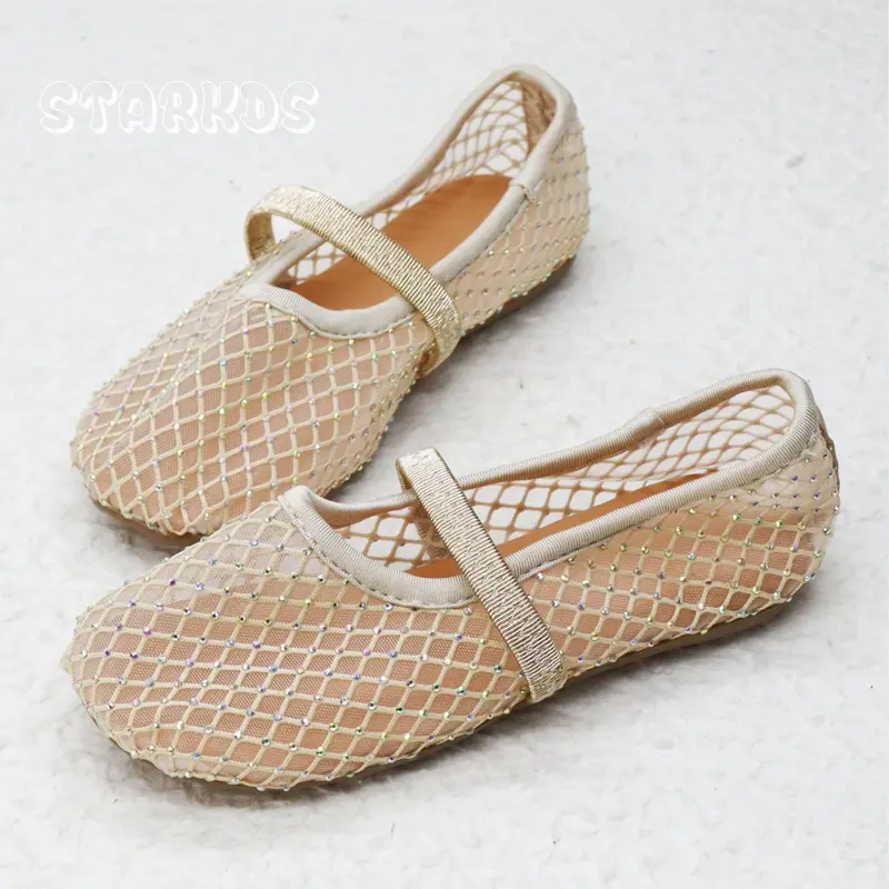 Luxury Lace Mesh Ballet Flat Kid Girls Elegant Brand Design Rhinestones Covered Fishnet Ballerina Shoes Children Dress Zapatos