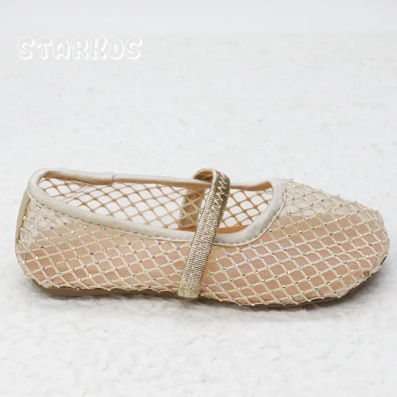 Luxury Lace Mesh Ballet Flat Kid Girls Elegant Brand Design Rhinestones Covered Fishnet Ballerina Shoes Children Dress Zapatos