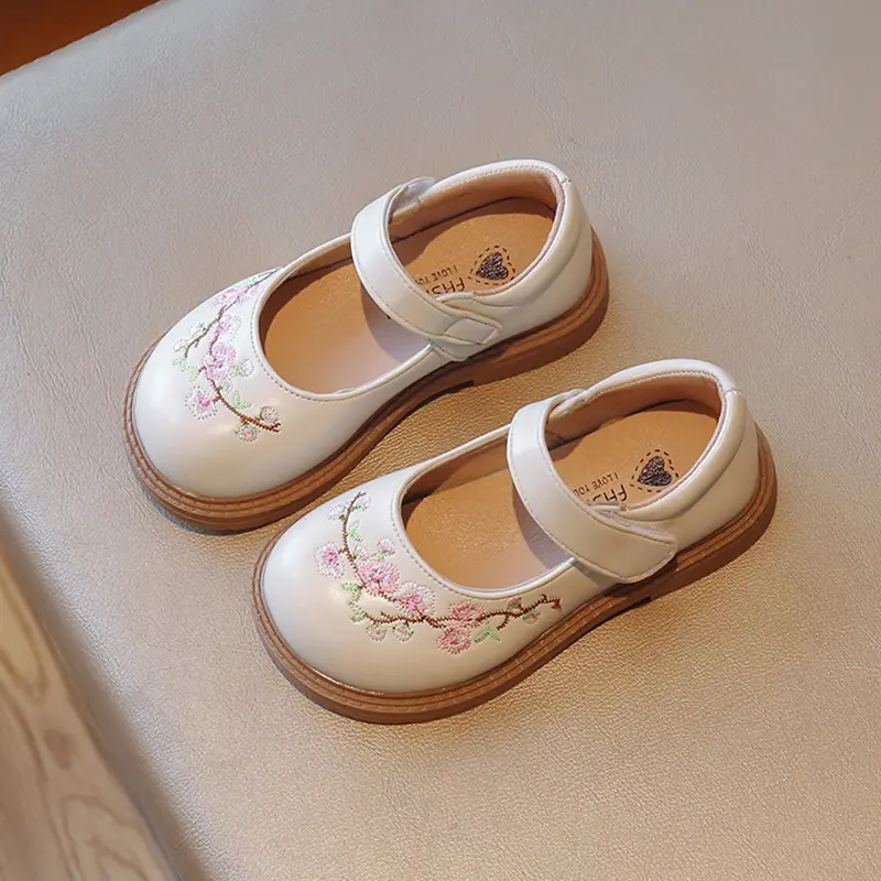 Fashion Kids Girls Leather Shoes Embroidery Flower Non-slip Children Leather Shoes for Autumn Spring Princess Girls Party Shoes
