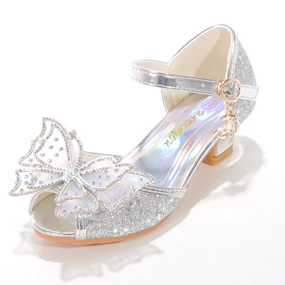 Cinderella Shoes for Girls Heel Kids Princess Dress Party Leather Wedges Children Butterfly Slip On Wedding Ballerina Flats