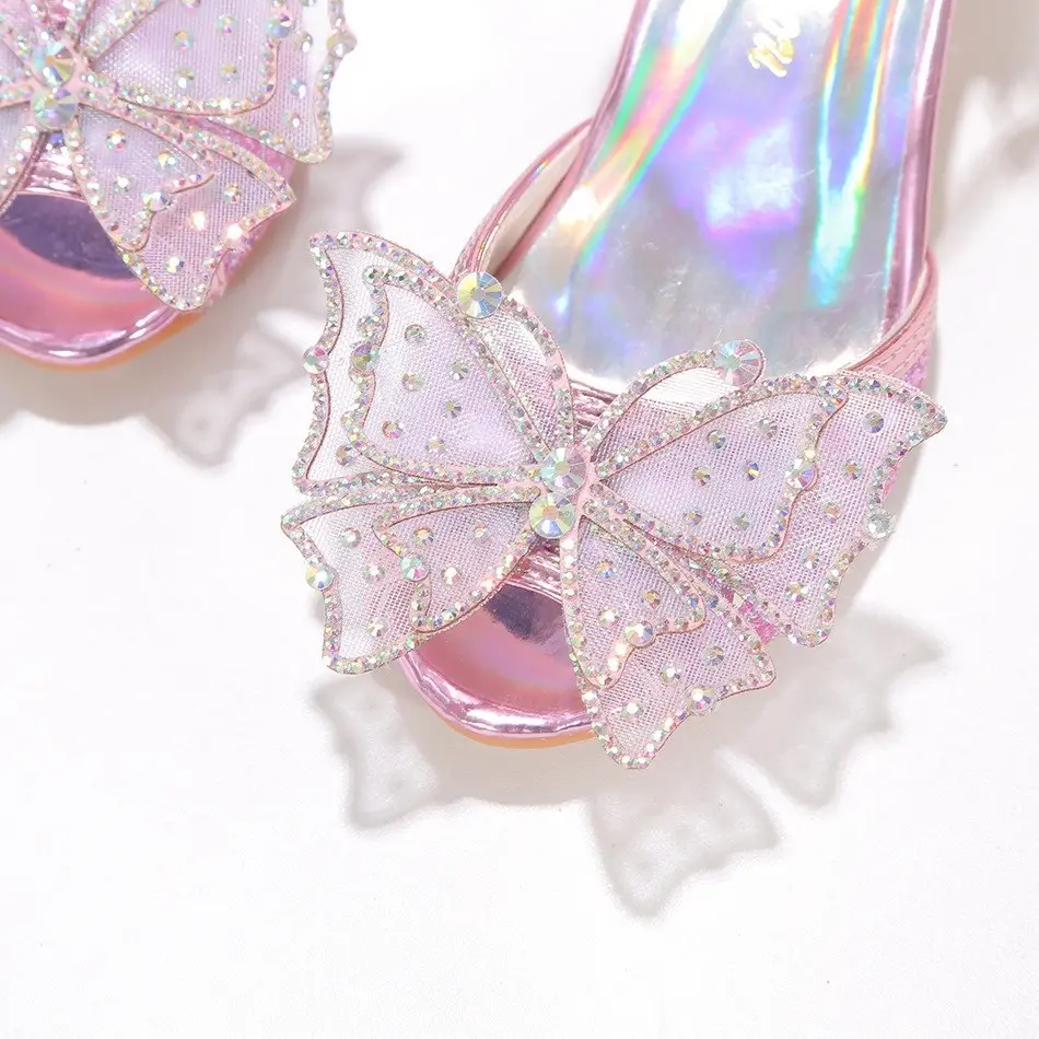 Cinderella Shoes for Girls Heel Kids Princess Dress Party Leather Wedges Children Butterfly Slip On Wedding Ballerina Flats