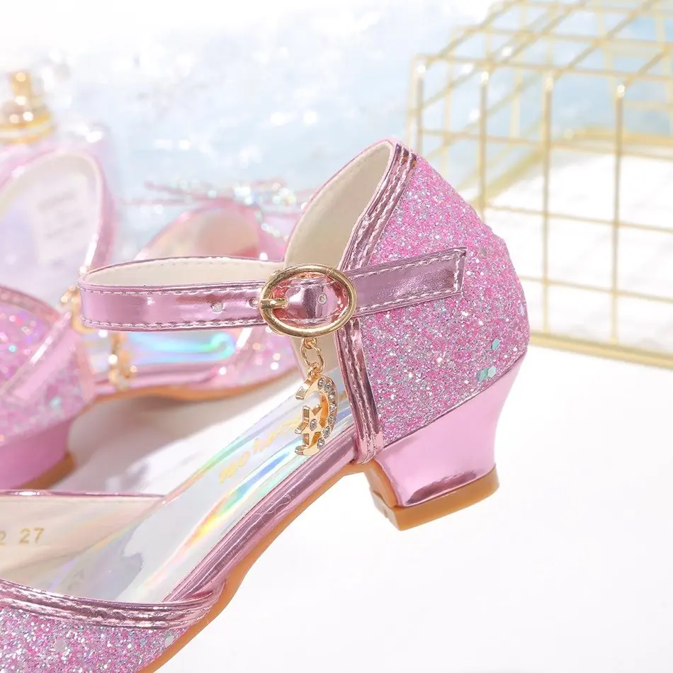 Cinderella Shoes for Girls Heel Kids Princess Dress Party Leather Wedges Children Butterfly Slip On Wedding Ballerina Flats
