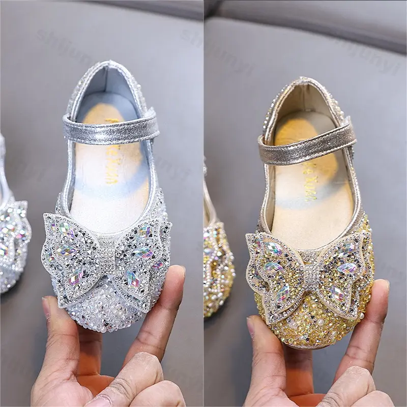 Children PU Leather Shoes Ballet Flat Shoes 2025 Spring Autumn Girls Party Bowknot Sequins Luxury Fashion Princess Wedding Shoes