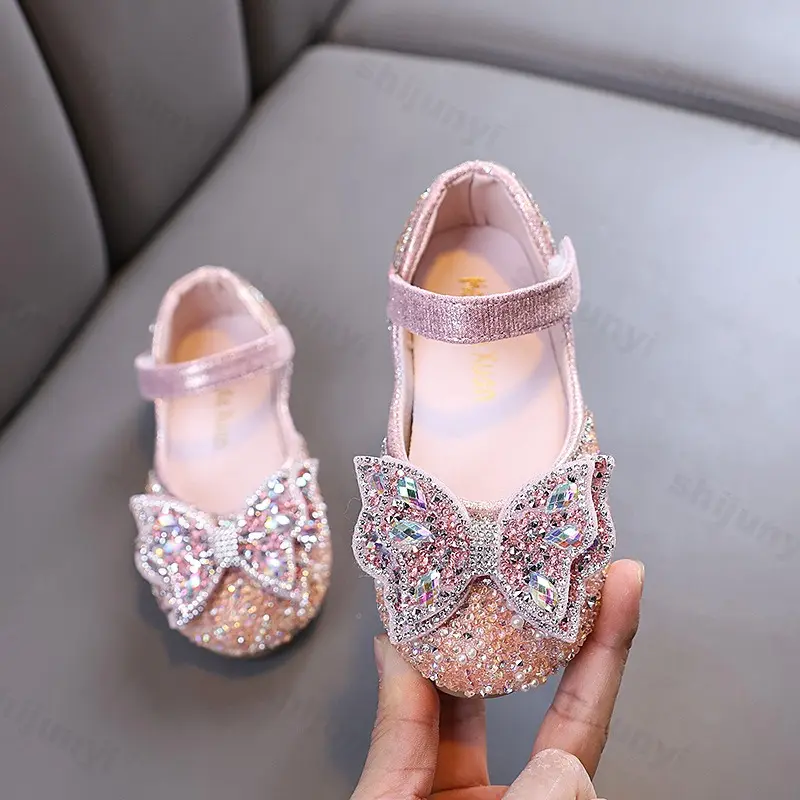 Children PU Leather Shoes Ballet Flat Shoes 2025 Spring Autumn Girls Party Bowknot Sequins Luxury Fashion Princess Wedding Shoes