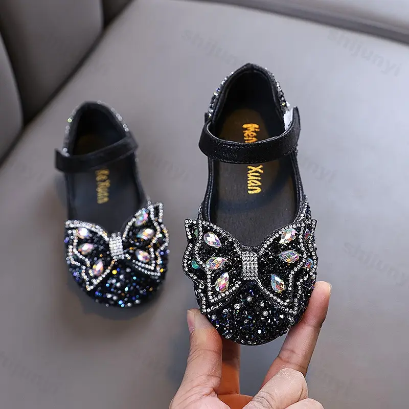 Children PU Leather Shoes Ballet Flat Shoes 2025 Spring Autumn Girls Party Bowknot Sequins Luxury Fashion Princess Wedding Shoes
