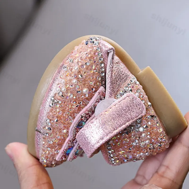 Children PU Leather Shoes Ballet Flat Shoes 2025 Spring Autumn Girls Party Bowknot Sequins Luxury Fashion Princess Wedding Shoes