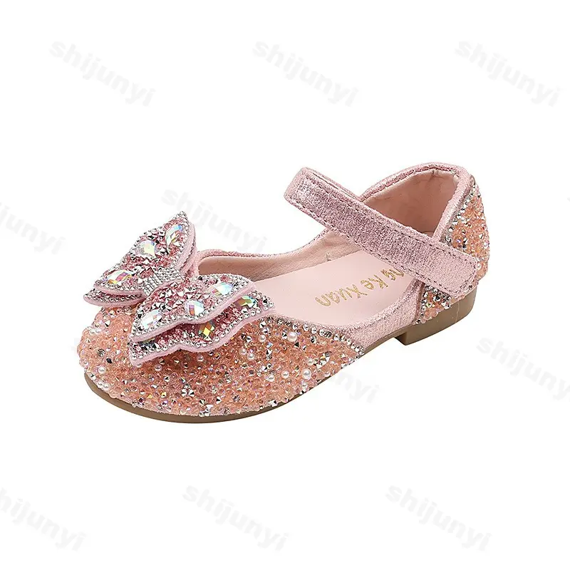 Children PU Leather Shoes Ballet Flat Shoes 2025 Spring Autumn Girls Party Bowknot Sequins Luxury Fashion Princess Wedding Shoes