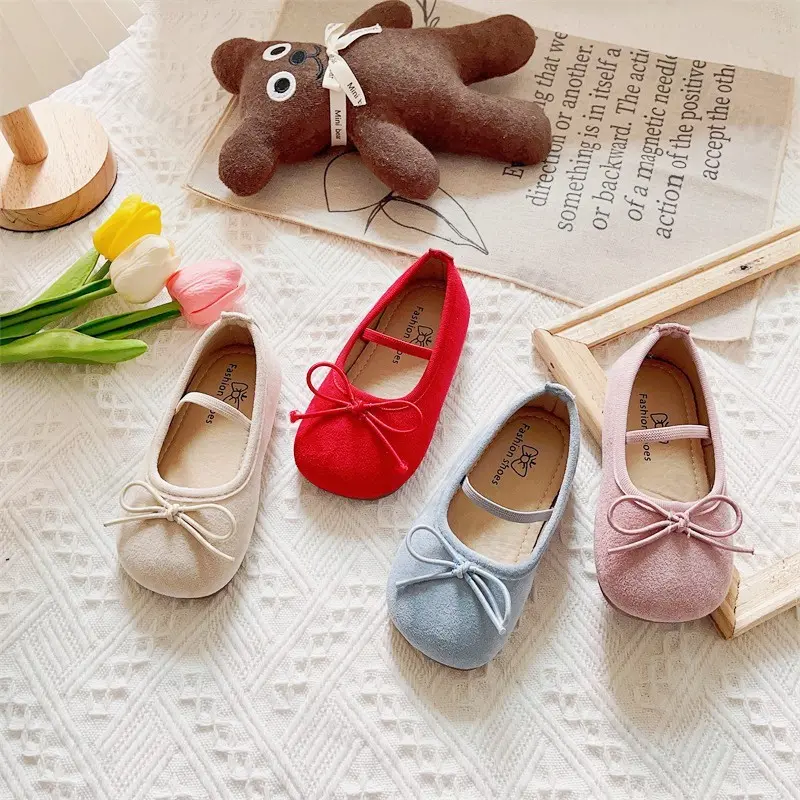 2025 Girls Ballet Flats Casual Round Toe Cute Suede Ballerina Church Princess Shoes Spring Elegant Party Shoes Bow Size 21-30