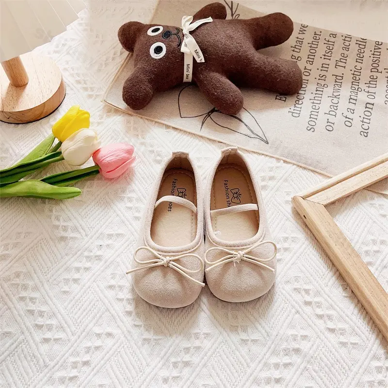 2025 Girls Ballet Flats Casual Round Toe Cute Suede Ballerina Church Princess Shoes Spring Elegant Party Shoes Bow Size 21-30
