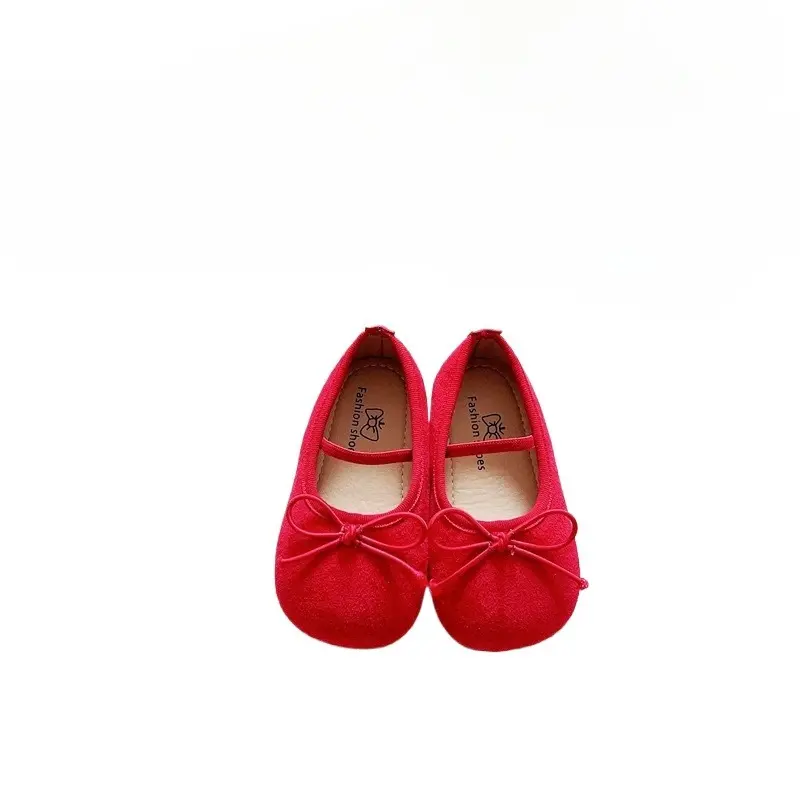 2025 Girls Ballet Flats Casual Round Toe Cute Suede Ballerina Church Princess Shoes Spring Elegant Party Shoes Bow Size 21-30