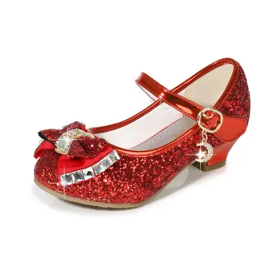 Princess Kids Leather Shoes for Girls Flower Casual Glitter Children High Heel 2020 Girls Shoes Butterfly Knot Blue Pink Silver