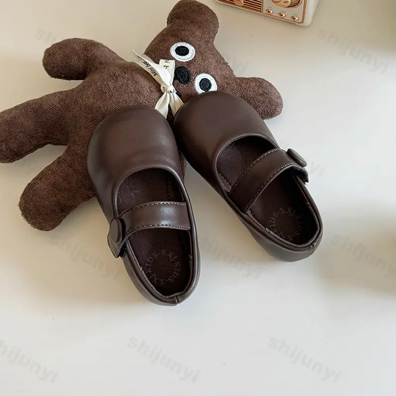 Girls Flats Soft Sole Comfort 2025 New Kids Pu Leather Shoes Non-slip Hook&loop Children Princess Shoes Solid Color Versatile