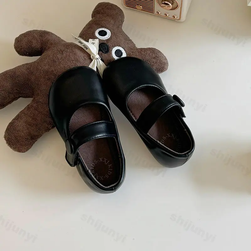 Girls Flats Soft Sole Comfort 2025 New Kids Pu Leather Shoes Non-slip Hook&loop Children Princess Shoes Solid Color Versatile