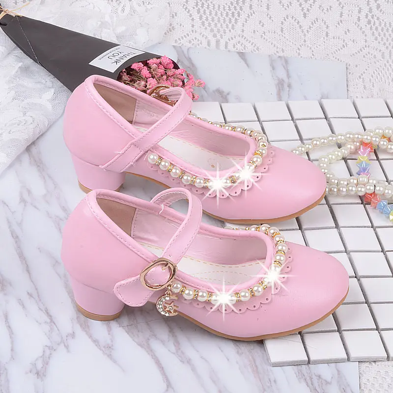 Princess Kids High Heels Shoes Kids Dress Party Leather Shoes Baby Girls Children's White Shoes Enfants Wedding for Girl Gift