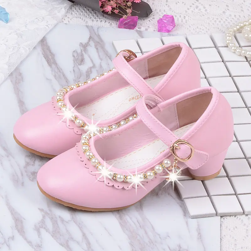Princess Kids High Heels Shoes Kids Dress Party Leather Shoes Baby Girls Children's White Shoes Enfants Wedding for Girl Gift