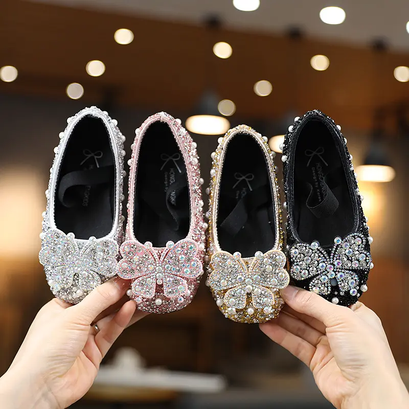 Autumn Girls Shoes 2023 New Baby Kids Princess Shoes Diamond Shoes Children Bow Leather Shoes Shiny Pearled Dance Shoes J179