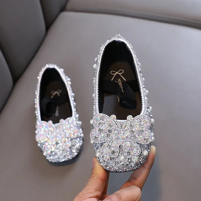 Autumn Girls Shoes 2023 New Baby Kids Princess Shoes Diamond Shoes Children Bow Leather Shoes Shiny Pearled Dance Shoes J179