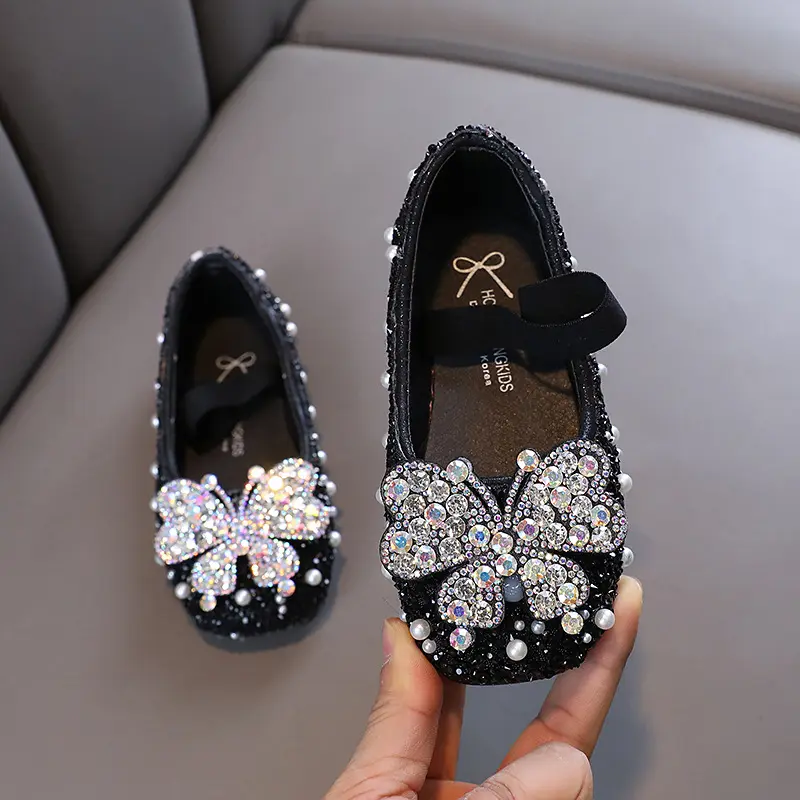 Autumn Girls Shoes 2023 New Baby Kids Princess Shoes Diamond Shoes Children Bow Leather Shoes Shiny Pearled Dance Shoes J179