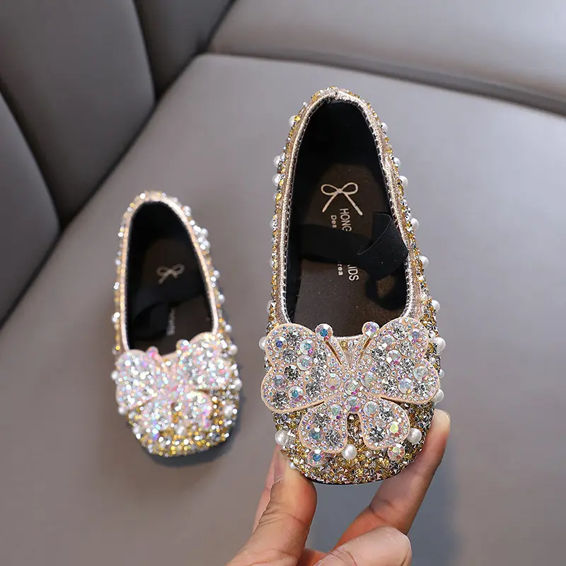 Autumn Girls Shoes 2023 New Baby Kids Princess Shoes Diamond Shoes Children Bow Leather Shoes Shiny Pearled Dance Shoes J179