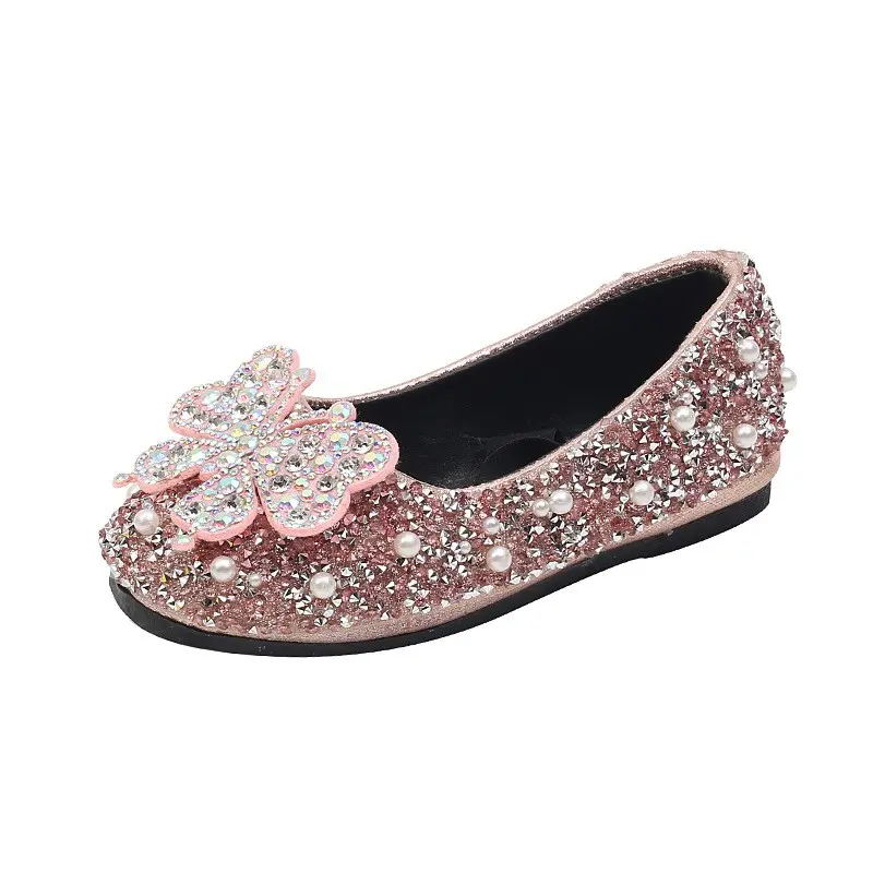Autumn Girls Shoes 2023 New Baby Kids Princess Shoes Diamond Shoes Children Bow Leather Shoes Shiny Pearled Dance Shoes J179