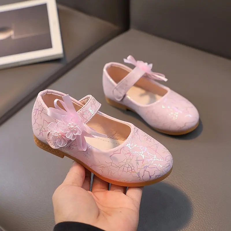 Girls Princess Shoes Sweet Leather Shoes Shallow Mouth Ballet Flats 2023 Spring Elegant Lace Flower Kids Shoes туфли для девочки